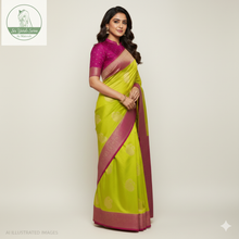 Load image into Gallery viewer, Banaras Georgette Saree with Paisley Buttis all over with Contrast Border,Paluu and Blouse- Lime Green