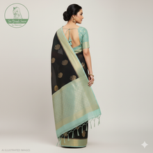 Load image into Gallery viewer, Banaras Georgette Saree with Paisley Buttis all over with Contrast Border,Pallu and Blouse-Black