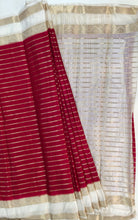 Load image into Gallery viewer, Semi Mysuru Crepe Striped Saree with Contrast Off-White Border and Off-White Bouse