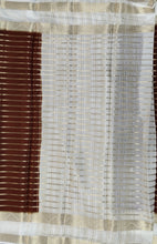 Load image into Gallery viewer, Semi Mysuru Crepe Striped Saree with Contrast Off-White Border and Off-White Bouse