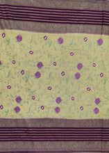 Load image into Gallery viewer, Banaras Crepe Saree with Kashmiri Thread work with Contrast Border,Pallu and Butti Blouse(Off white-Jamoon combination)