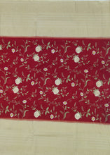 Load image into Gallery viewer, Banaras Crepe Saree with Kashmiri Thread work with Contrast Border,Pallu and Butti Blouse(Red-Off white combination)
