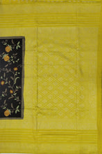Load image into Gallery viewer, Banaras Crepe Saree with Kashmiri Thread work with Contrast Border,Pallu and Butti Blouse(Black-Mustard combination)