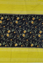 Load image into Gallery viewer, Banaras Crepe Saree with Kashmiri Thread work with Contrast Border,Pallu and Butti Blouse(Black-Mustard combination)