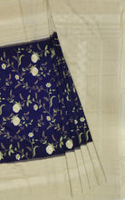 Load image into Gallery viewer, Banaras Crepe Saree with Kashmiri Thread work with Contrast Border,Pallu and Butti Blouse(Navy Blue-Off white combination)