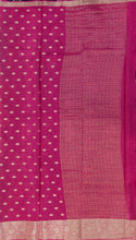 Load image into Gallery viewer, Banaras Crepe Saree with Thin Zari Stripes and Buttis,Self Color Border,Paluu and Contrast Butti Blouse-Rani color.