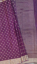 Load image into Gallery viewer, Banaras Crepe Saree with Thin Zari Stripes and Buttis,Self Color Border,Paluu and Contrast Butti Blouse-Wine color.