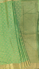 Load image into Gallery viewer, Banaras Crepe Saree with Thin Zari Stripes and Buttis,Self Color Border,Paluu and Contrast Butti Blouse-Light Green color.