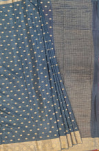 Load image into Gallery viewer, Banaras Crepe Saree with Thin Zari Stripes and Buttis,Self Color Border,Paluu and Contrast Butti Blouse-Petrol Blue color
