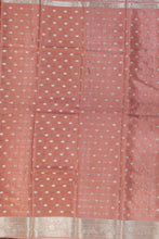 Load image into Gallery viewer, Banaras Crepe Saree with Thin Zari Stripes and Buttis,Self Color Border,Paluu and Contrast Butti Blouse-Peach color
