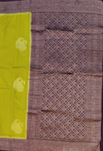 Load image into Gallery viewer, Banaras Georgette Saree with Paisley Buttis all over with Contrast Border,Paluu and Blouse- Mehendi