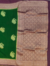 Load image into Gallery viewer, Banaras Georgette Saree with Paisley Buttis all over with Contrast Border,Paluu and Blouse- Dark Green