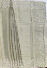 Load image into Gallery viewer, Designer Saree with Rice Stitch Embroidery on Crush Fabric-Light Green color