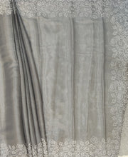 Load image into Gallery viewer, Designer Saree with Rice Stitch Embroidery on Crush Fabric-Grey color