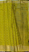 Load image into Gallery viewer, Banaras Crepe Saree with Thin Zari checks and Buttis,Self Color Border,Pallu and Contrast Butti Blouse.