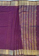 Load image into Gallery viewer, Semi Mysuru Crepe Saree in all over checks-self color comes with beautiful sequence blouse-maron color