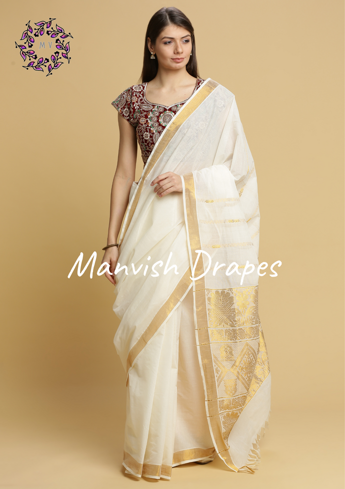 Kerala Kasavu Pure Cotton Saree with Buttas all over ,Tissue Border and Woven Pallu (DIAMOND PALLU)