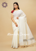 Load image into Gallery viewer, Plain Kerala Kasavu Pure Cotton Saree with Tassels (SILVER ZARI)
