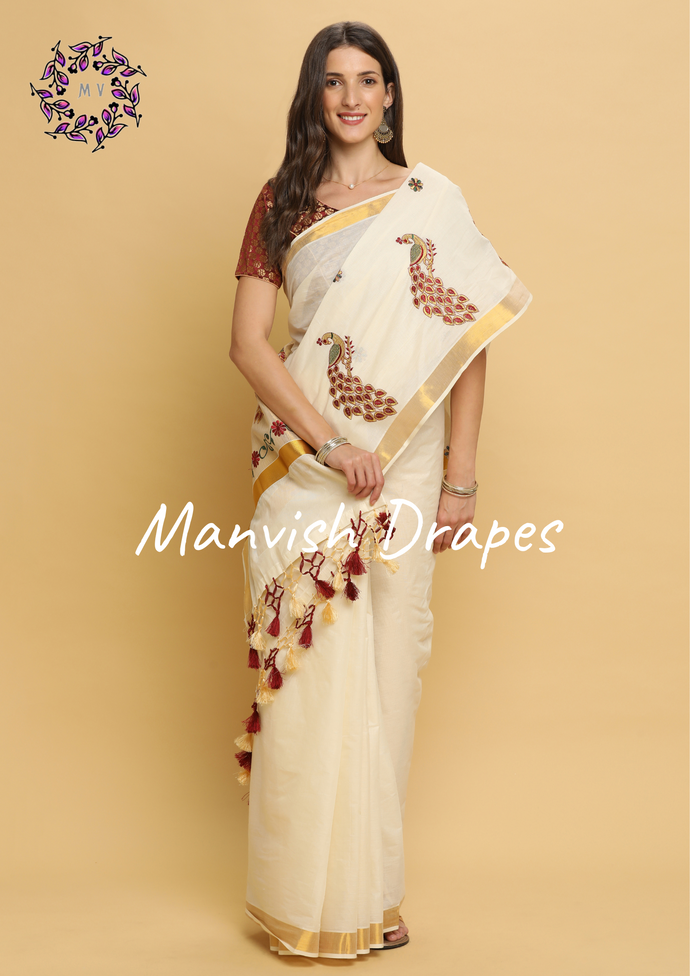 Kerala Kasavu Pure Cotton Saree with Peacock Embroidery (BOTTLE GREEN-MAROON COMBINATION)