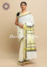 Load image into Gallery viewer, Kerala Kasavu Pure Cotton Saree with Buttas all over ,Woven Border and Woven Pallu(BLACK)
