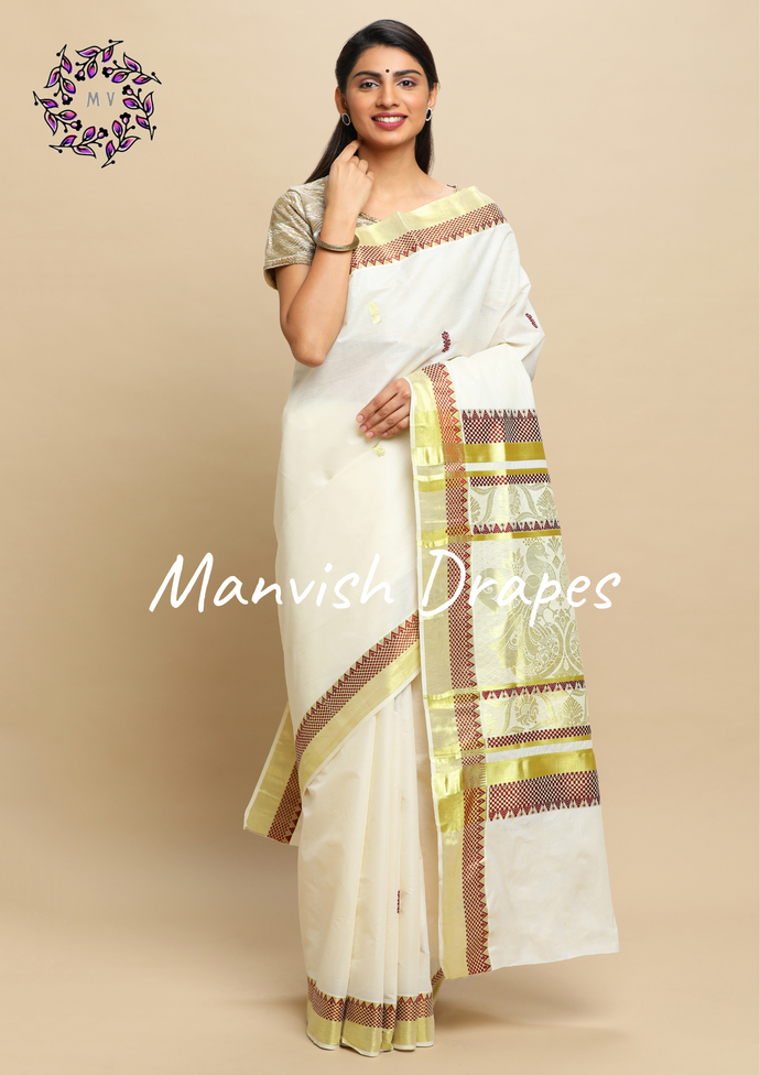 Kerala Kasavu Pure Cotton Saree with Buttas all over ,Woven Border and Woven Pallu(MAROON)