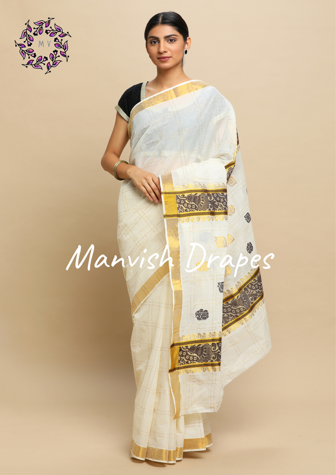 Kerala Kasavu Pure Cotton Saree with Zari Checks all over ,Tissue Border and Woven Pallu(BLACK)