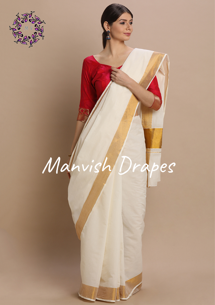 Plain Kerala Kasavu Pure Cotton Saree (GOLD ZARI)