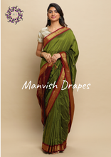 Load image into Gallery viewer, Gadwal Silk Cotton Sarees with Zari Buttas all over and Contrast Borders on both sides  (CHUTNEY GREEN MAROON COMBINATION)
