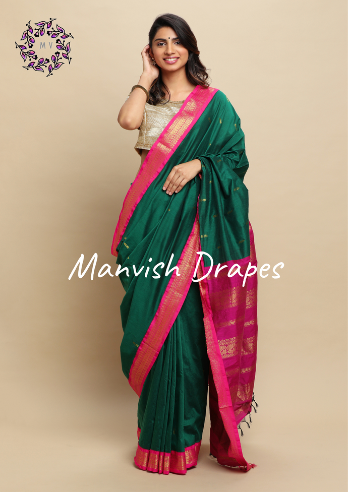 Gadwal Silk Cotton Sarees with Zari Buttas all over and Contrast Borders on both sides  (LEAF GREEN RANI COMBINATION)