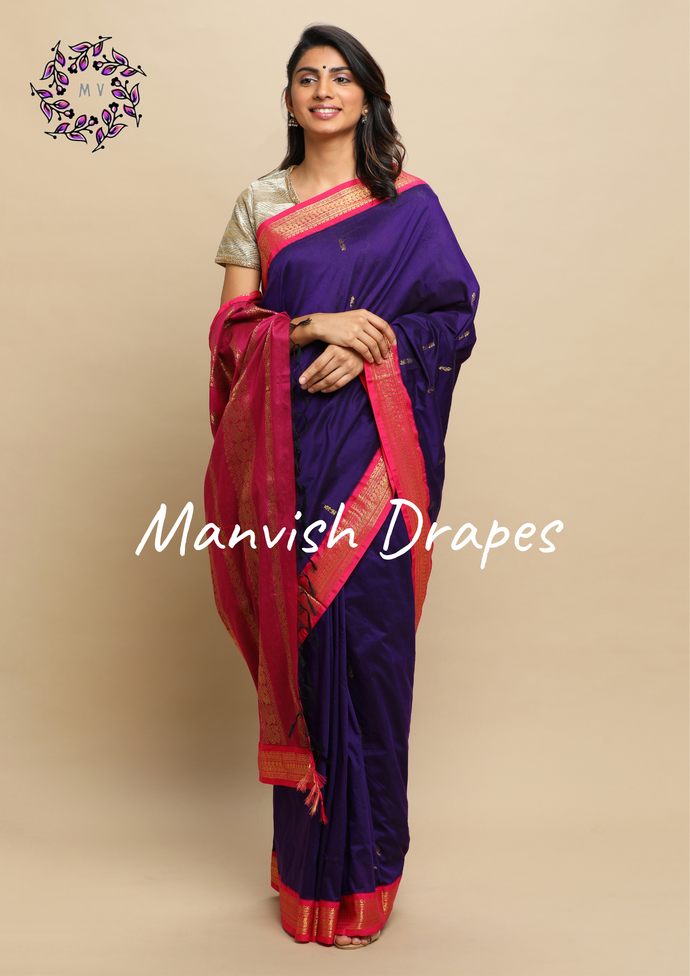 Gadwal Silk Cotton Sarees with Zari Buttas all over and Contrast Borders on both sides (VIOLET RANI COMBINATION)