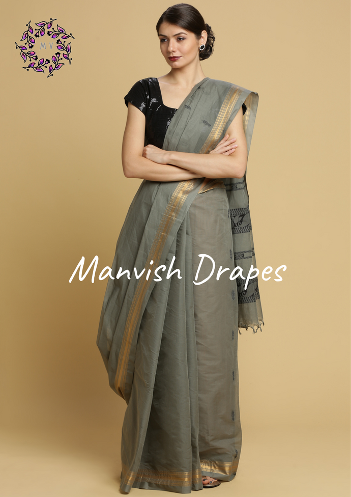 Kanchi Cotton Sarees with Buttas all over and Zari Tissue Borders on both sides  (GREY)