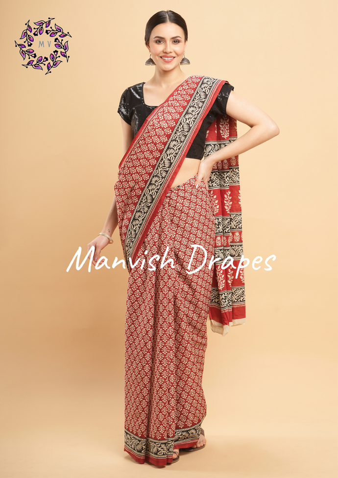 Mul Mul Pure Cotton Saree with Block Prints (MAROON)