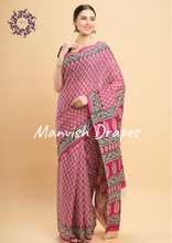 Load image into Gallery viewer, Mul Mul Pure Cotton Saree with Block Prints (PINK)
