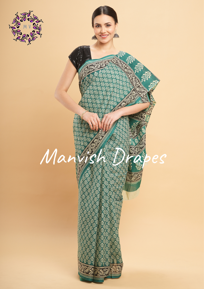 Mul Mul Pure Cotton Saree with Block Prints (GREEN)
