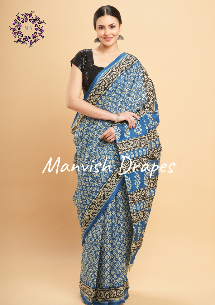 Mul Mul Pure Cotton Saree with Block Prints (BLUE)