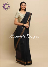 Load image into Gallery viewer, Kanchi Cotton Sarees with Buttas all over and Zari Tissue Borders on both sides  (BLACK WITH ZARI BUTTAS)
