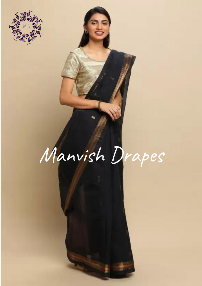 Kanchi Cotton Sarees with Buttas all over and Zari Tissue Borders on both sides  (BLACK WITH ZARI BUTTAS)