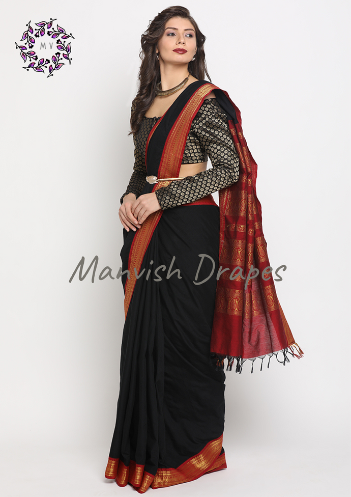 Gadwal Silk Cotton Sarees with Plain body all over and Contrast Borders on both sides (BLACK MAROON COMBINATION)
