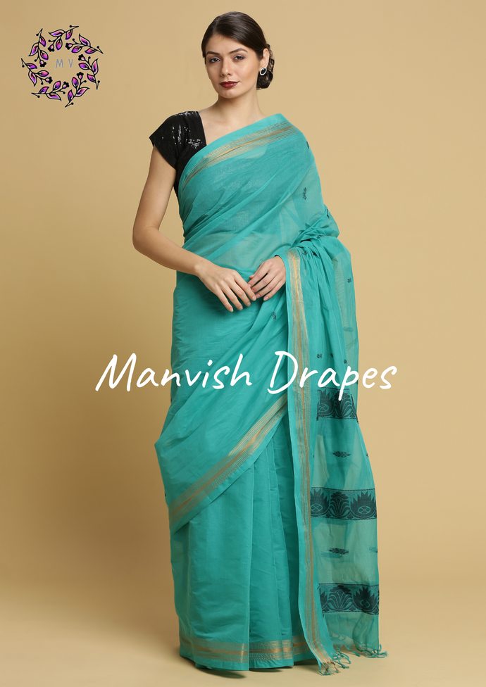 Kanchi Cotton Sarees with Buttas all over and Zari Tissue Borders on both sides  (SEA GREEN)