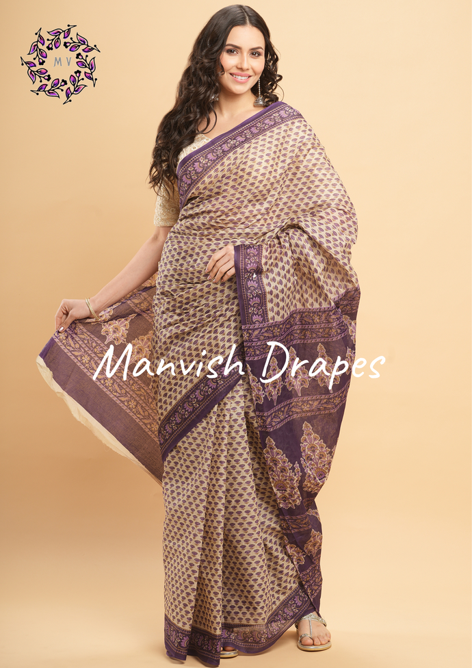 Mul Mul Pure Cotton Saree with Block Prints (WINE)