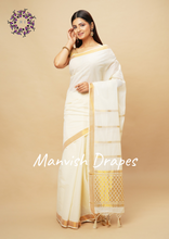 Load image into Gallery viewer, Kerala Kasavu Pure Cotton Saree with Zari Tissue Border and Zari Woven Pallu.
