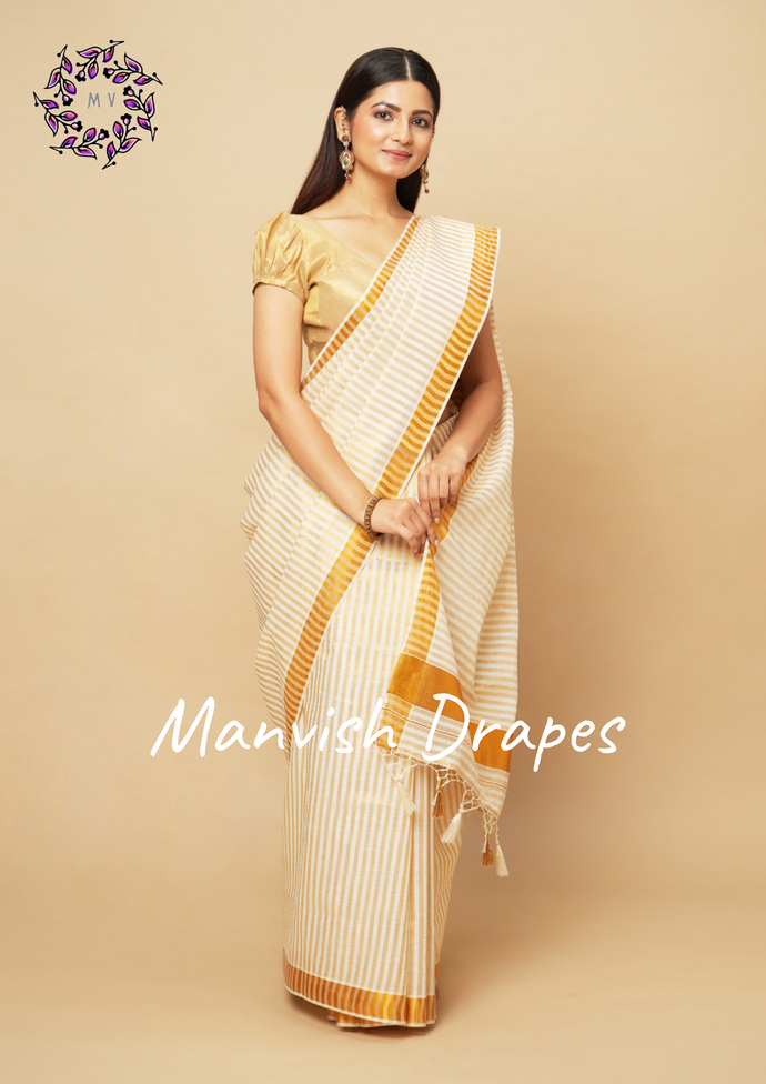Kerala Kasavu Pure Cotton Saree with Zari stripes body (GOLD ZARI)