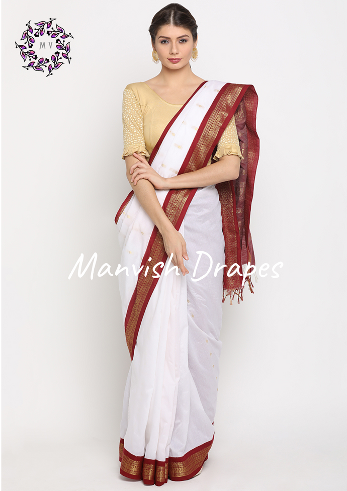 Gadwal Silk Cotton Sarees with Zari Buttas all over and Contrast Borders on both sides  (WHITE MAROON COMBINATION)