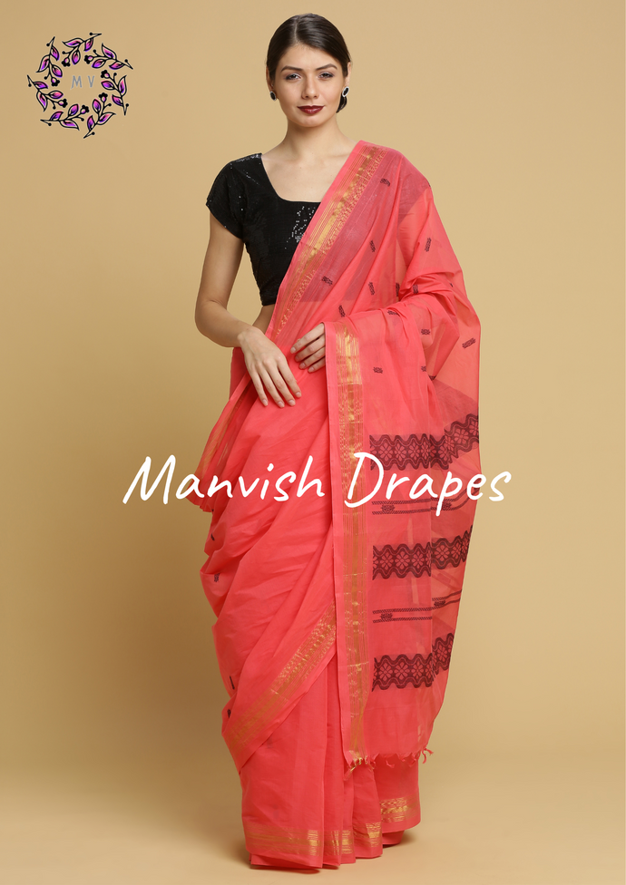 Kanchi Cotton Sarees with Buttas all over and Zari Tissue Borders on both sides  (PINK)