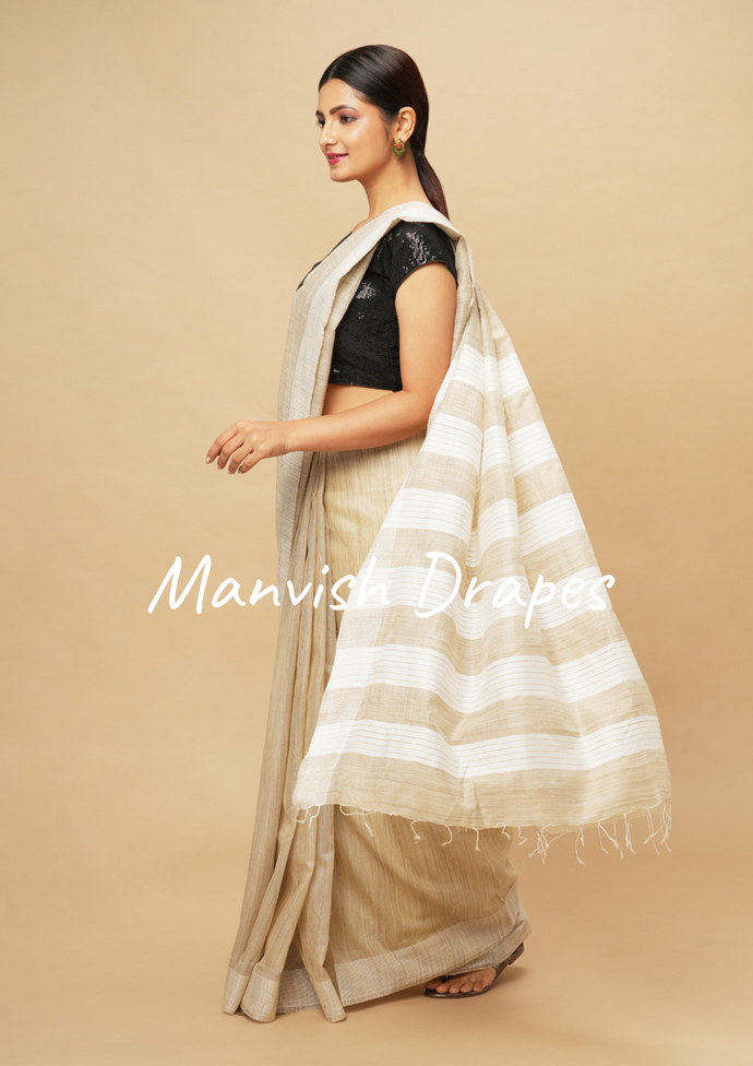 Kerala Kasavu Pure Cotton- Tussar Blend saree with Thread Pallu and Thread Border