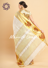 Load image into Gallery viewer, Plain Kerala Kasavu Pure Cotton Saree with Tissue Woven Border (MAROON BUTTA)
