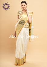 Load image into Gallery viewer, Plain Kerala Kasavu Pure Cotton Saree with Tissue Woven Border (BLACK BUTTA)
