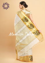 Load image into Gallery viewer, Plain Kerala Kasavu Pure Cotton Saree with Tissue Woven Border (BLACK BUTTA)
