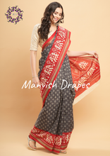 Load image into Gallery viewer, Mul Mul Pure Cotton Saree with Ikat Prints all over (GREY-RED COMBINATION-ELEPHANT)

