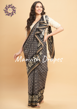 Load image into Gallery viewer, Mul Mul Pure Cotton Saree with Ikat Prints all over (GREY-BLACK COMBINATION)
